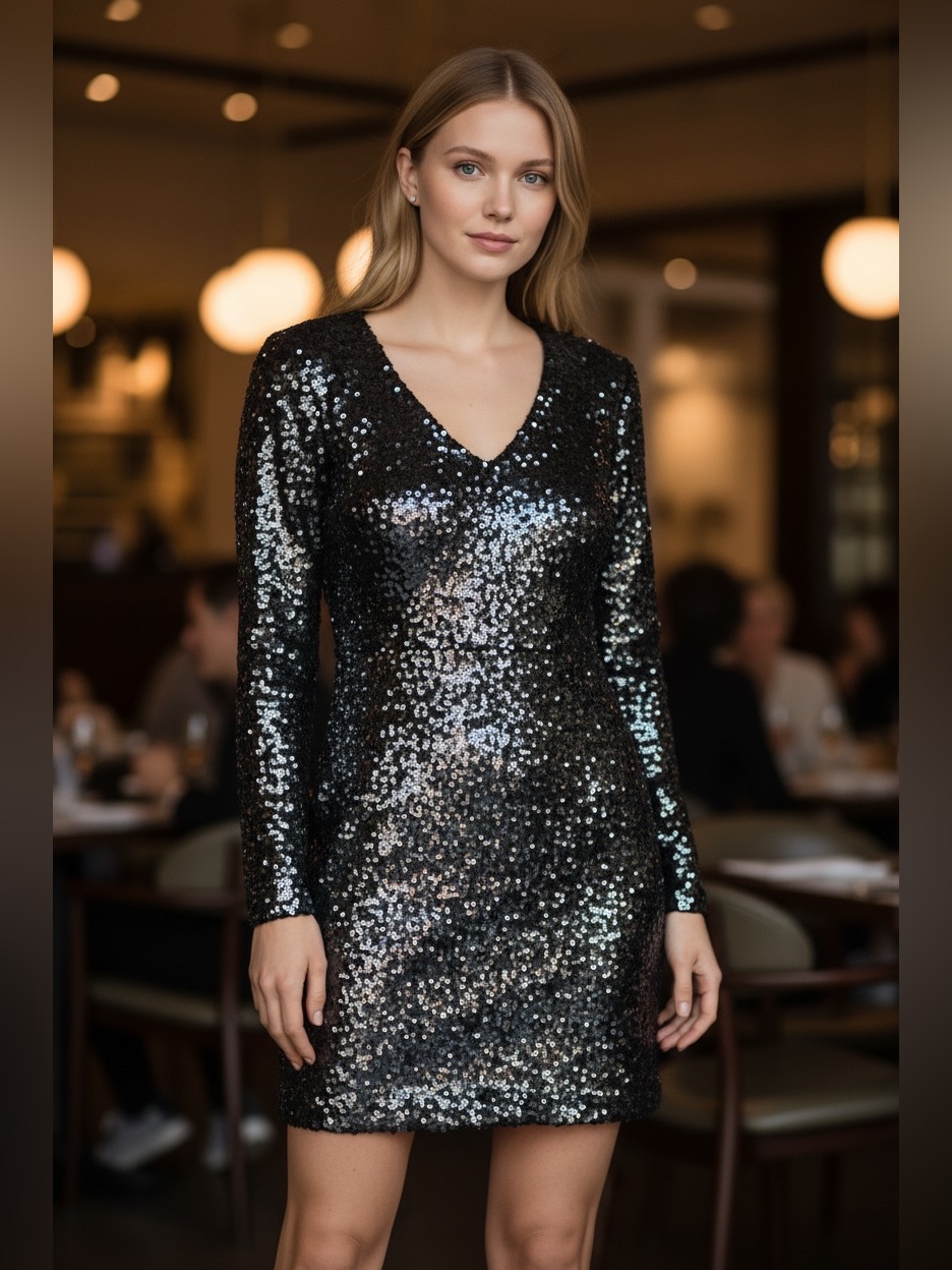 St. John New V Neck Long Sleeve Scales Sequin Embellished Mini Dress Size 6